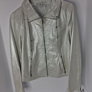 Carlisle Metallic Silver Leather Moto Jacket Women’s Size 8 Luxe Designer Style